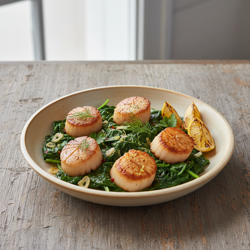 Seared Scallops with Garlicky Lemon Spinach
