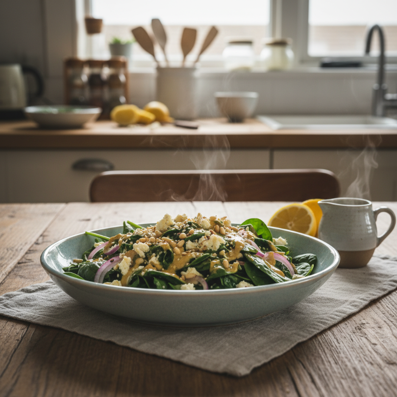 Warm Spinach Salad with Lemon-Tahini Dressing