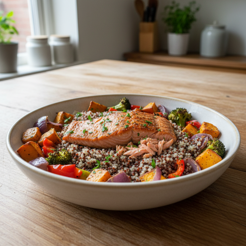 Salmon and Quinoa Bowl with Roasted Vegetables