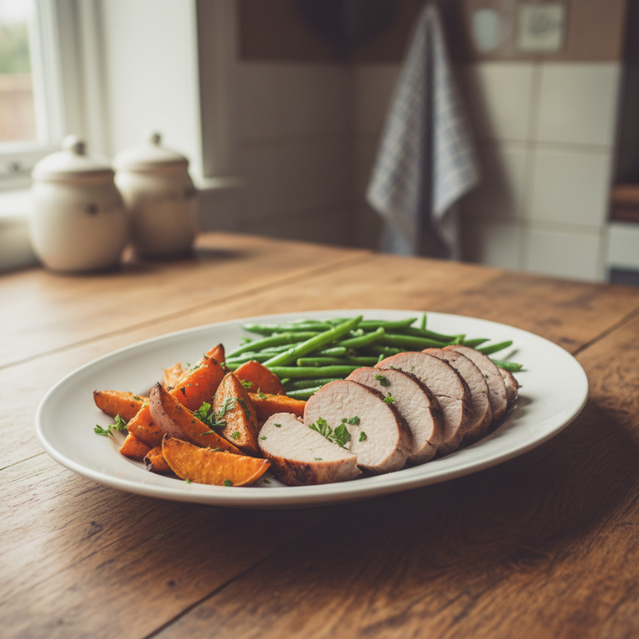 Pork Tenderloin with Sweet Potato and Green Beans