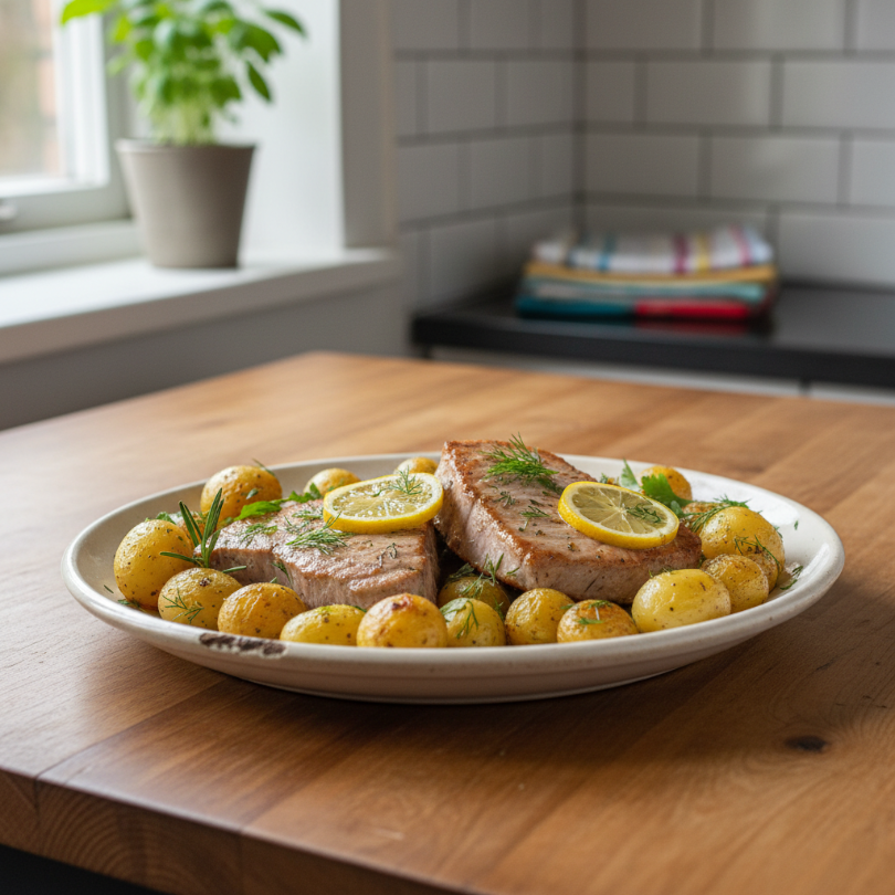 Sheet Pan Lemon Herb Tuna Steaks and Potatoes